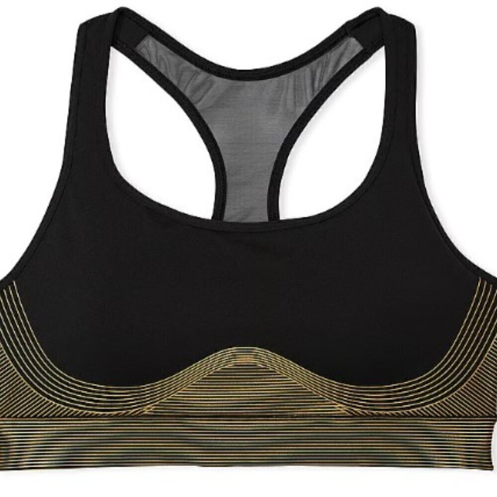 NWT - Victoria's Secret Player Shine Black and Gold Sports Bra - Size: Large